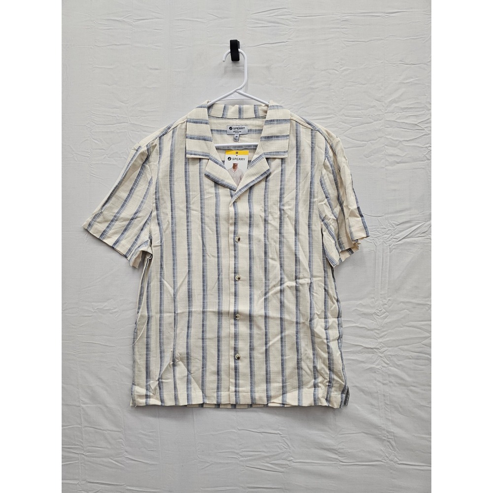 Sperry Mens Camp Collar Textured Shirt White Cotton Blend Casual Size Medium